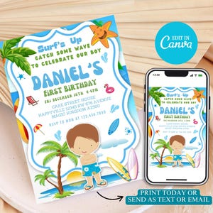 Convite editável para festa de 1º aniversário do menino The Big One surfando, convite retrô para festa na piscina na praia e prancha de surfe