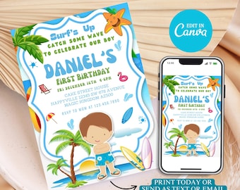 Surfing 1st Birthday Invitation: Retro Beach Party, The Big One (Digital Download)