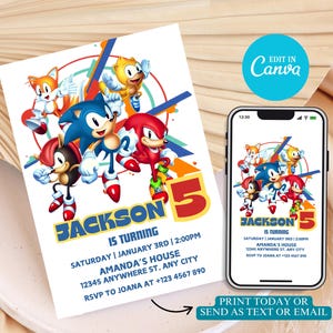 Modelo de convite de aniversário editável do Sonic, modelo de convite digital para festa infantil, convite para meninos e meninas, convite para festa do Sonic, o ouriço