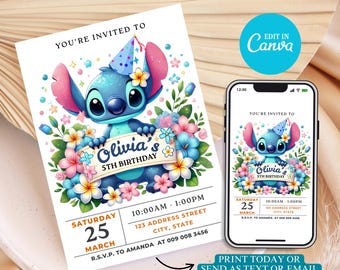 Stitch Birthday Party Invitation Template: Editable Canva Design (Digital Download)