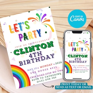 Bunte Geburtstags-Einladung Hell und fröhlich Party Girl Regenbogen-Geburtstags-Einladung Regenbogen-Geburtstags-Party einladen Bunte Geburtstags-Einladung