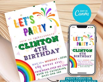 Rainbow Birthday Invitation: Editable Canva Template (5x7 in Digital Download