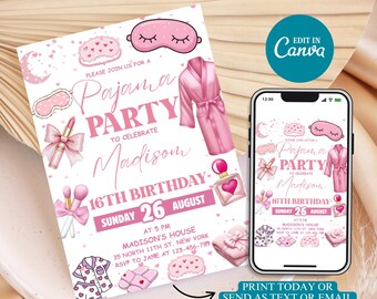 Pajama Party Birthday Invitation Template, Girls Sleepover Canva Invite (Digital Download)