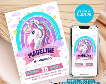 Editable Unicorn Magical Whimsical Fairytale Unicorn Princess Birthday Party Invitation Template
