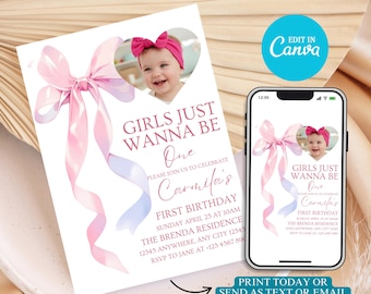 Pink Bow Birthday Party Invitation Template, Girls 11th Birthday Invite, Ribbon Coquette Invites