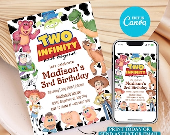 Two Infinity Birthday Invitation: Toy Story Theme, Editable Canva Template (Digital Download)