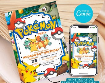 Editable Pokemon Birthday Invitation | Printable Pikachu Party Invite Card | Digital Canva Template for Kids (Digital DIY)