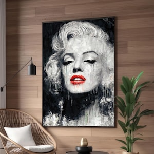 Abstract Marilyn Monroe Inspired Canvas Wall Art - Black and White Portrait with Red Lips - Modern Ready-to-Hang Home Decor