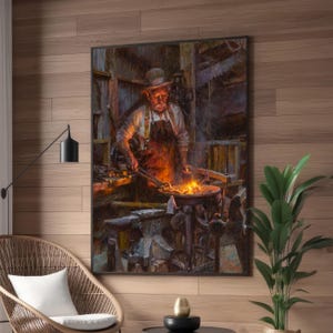 Traditional Blacksmith Canvas Print - Rustic Workshop Art - Realist Painting of Artisan Craftsmanship