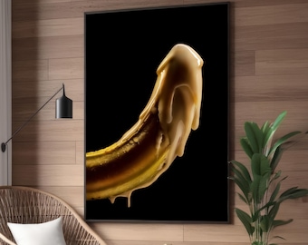 Hyper-Realistic Banana with Dripping Caramel Canvas Art - Bold and Sensual Wall Decor - Framed or Ready to Hang Art for Modern Interiors