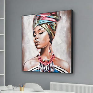 Afrocentric Woman Portrait Canvas - Vibrant African Art - Colorful Headwrap & Jewelry - Ethnic Wall Decor