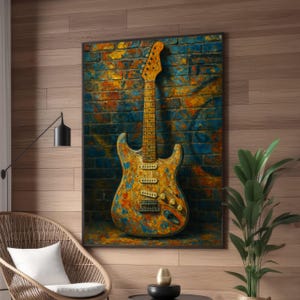 Vintage Electric Guitar Canvas, Abstract Music Wall Art, Colorful Guitar Painting, Retro Instrument Canvas, Music Lover Home Decor