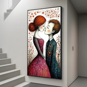 Lienzo de pareja romántica: arte mural con una encantadora ilustración romántica, estampado de puntos coloridos, decoración moderna para jóvenes enamorados.