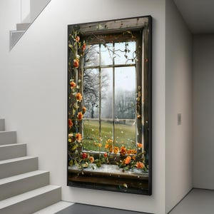 Window View with Flowers Canvas - Cozy Cottage Wall Art with Blooming Frame and Seasonal Nature Scene, Rustic Home Decor Print