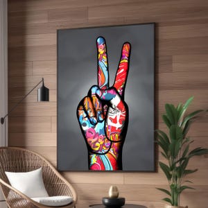 Vibrant Graffiti Peace Sign Canvas Print – Bold Street Art Hand Gesture, Colorful Modern Wall Art for Living Room, Office, or Urban Spaces