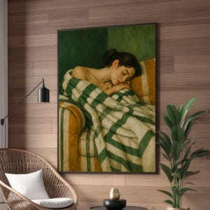 Serene Sleeping Woman Wrapped in Cozy Striped Blanket, Relaxing Home Canvas Wall Art, Soft Interior Decor, Peaceful Bedroom Painting
