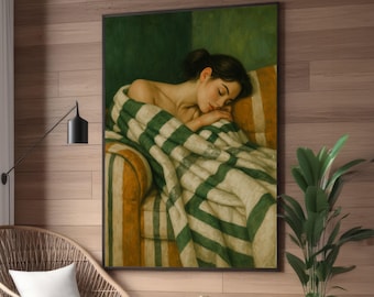 Serene Sleeping Woman Wrapped in Cozy Striped Blanket, Relaxing Home Canvas Wall Art, Soft Interior Decor, Peaceful Bedroom Painting