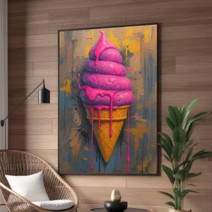 Tela de casquinha de sorvete rosa vibrante, arte de parede de sobremesa derretida, ilustração de comida colorida, decoração de cozinha moderna, tela pronta para pendurar