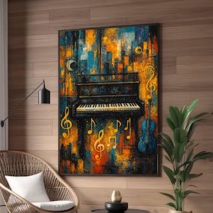Abstract Music Canvas Wall Art, Piano and Violin Painting, Colorful Musical Notes, Modern Music Instrument Decor, Home Art Canvas
