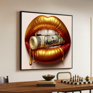 Golden Lips with Dripping Paint and Rolled Money Canvas, Luxury Finance Wall Art, Glamorous Mouth Close-up, Modern Pop Art Decoration
