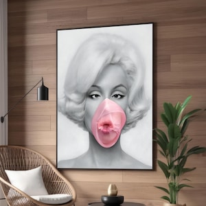 Pop Art Marilyn Monroe Canvas Print - Iconic Black and White Portrait with Pink Bubble Gum - Modern Wall Art, Ready to Hang