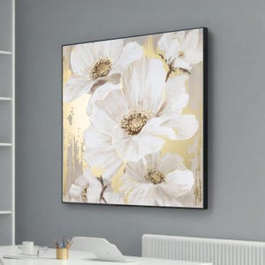 Luxurious White Flower Canvas Art - Gold Accented Floral Painting - Elegant Decorative Wall Decor - Modern Glam Botanical Art
