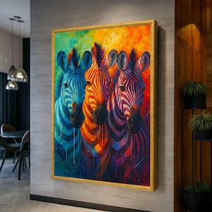 Vibrant Zebra Trio Canvas Wall Art, Colorful Animal Painting, Modern Wildlife Decor, Abstract Safari Canvas, Home Decoration Art Print