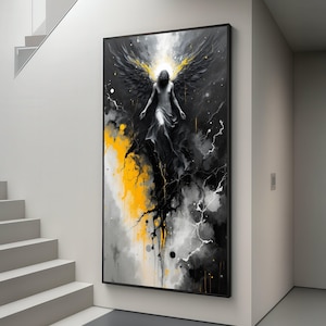 Dark Angel Canvas Wall Art, Abstract Angel Painting, Black and Yellow Modern Canvas, Spiritual Home Decor, Contemporary Wall Art Design,