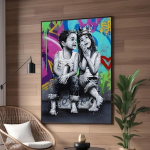 Street Art Graffiti Kids Canvas – Playful Pop Art with Colorful Urban Background and Grayscale Children