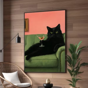 Relaxing Black Cat with Martini Canvas, Humorous Animal Wall Art, Retro Living Room Decor, Lounge Cat Painting, Fun Pet Canvas Art