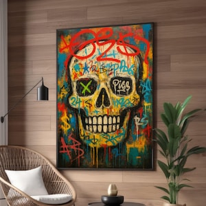Urban Graffiti Skull Canvas, Street Art Wall Decor, Colorful Skull Painting, Edgy Urban Canvas, Contemporary Wall Art for Home