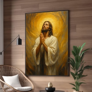 Praying Jesus Portrait Canvas, Spiritual Wall Art, Christian Religious Canvas, Golden Halo Painting, Inspirational Home Decor