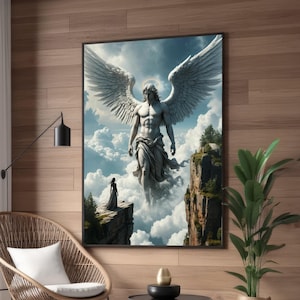 Majestic Angel with Halo Canvas Wall Art, Ethereal Sky Wings, Spiritual Sacred Art, Fantasy Cloud Landscape, Home Decor Canvas Painting