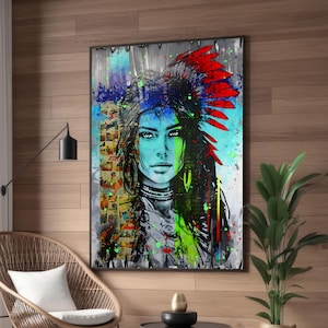 Native Woman Pop Art Canvas | Bold Graffiti and Collage Street Art | Cultural and Contemporary Wall Decor