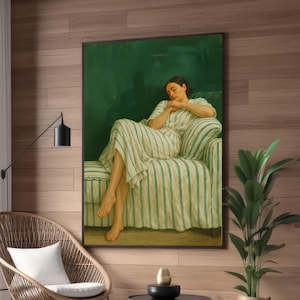 Serene Resting Woman, Striped Dress Canvas, Cozy Home Decor, Realistic Portrait Wall Art, Relaxing Mood Canvas, Sleepy Woman Painting