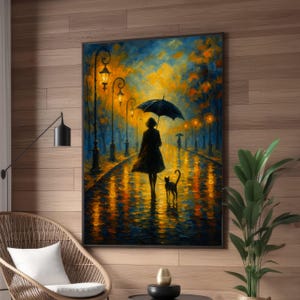 Evening Stroll with Cat, Rainy Night Canvas, Umbrella Silhouette Art, Street Lamps Reflection Canvas, Moody Cityscape Wall Art