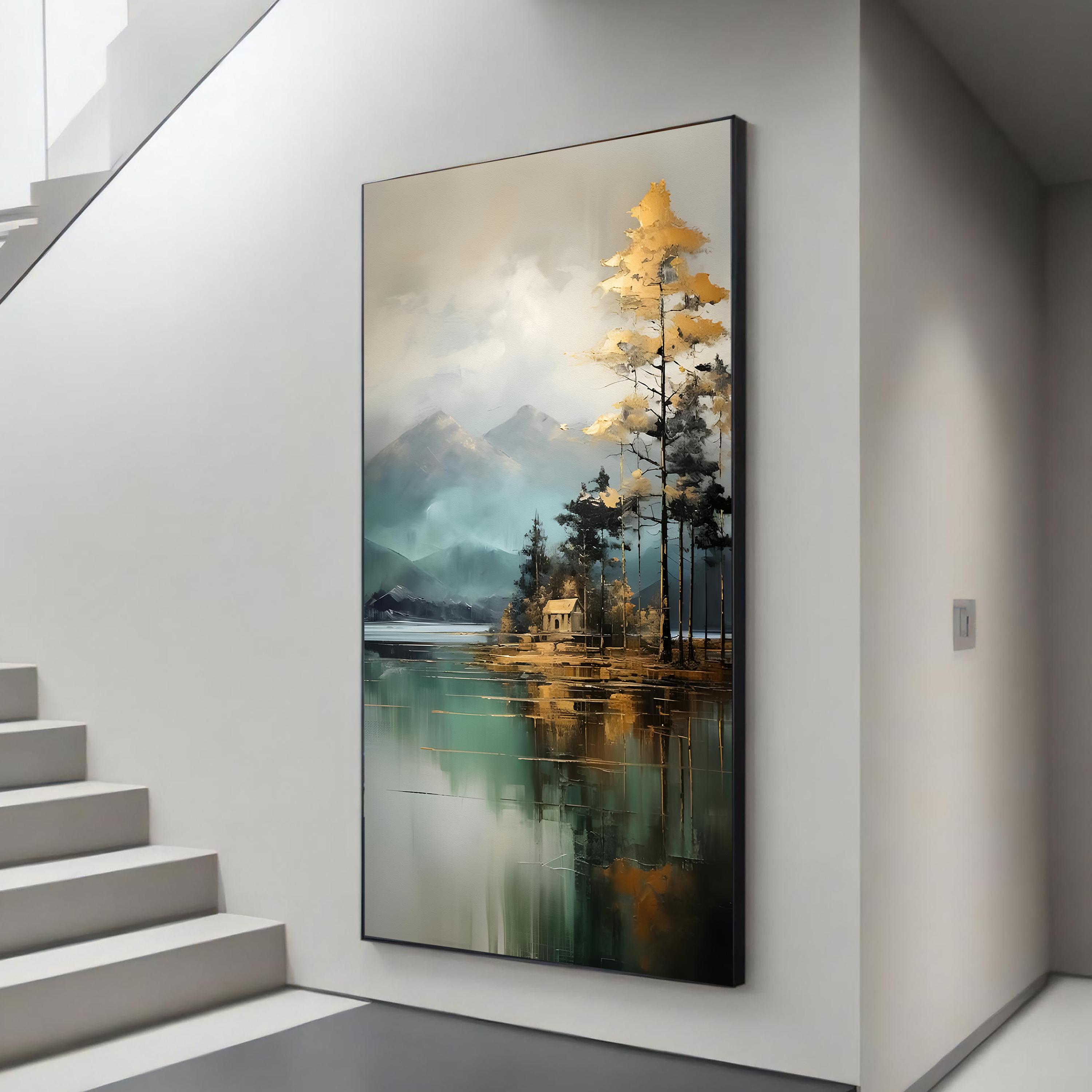 Misty Mountain Lake Art - Serene Cottage by the Water Canvas - Tranquil Landscape Wall Decor with Golden Trees