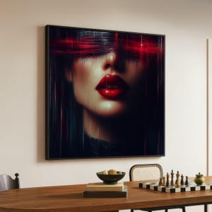 Lienzo con retrato de labios rojos misteriosos, arte mural abstracto de belleza oscura, primer plano de rostro femenino glamuroso, decoración moderna para el hogar.