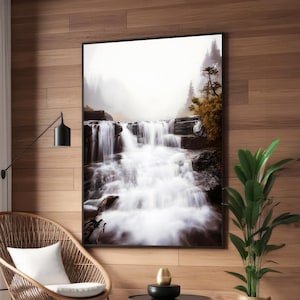 Dreamy Waterfall in Misty Forest Canvas Art – Serene Cascading Waters with Autumnal Hues – Tranquil Nature Wall Decor for Peaceful Interiors
