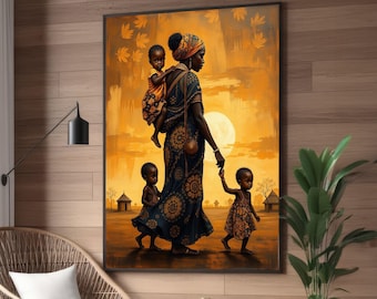 African Mother and Children Canvas, Ethnic Family Scene Wall Art, Tribal Culture Painting, Sunset Landscape Canvas, African Home Decor