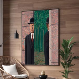 René Magritte Le Lieu Commun - Surrealist Canvas Print - Mysterious Man in Bowler Hat Split by Nature and Urban Scene for Unique Home Decor