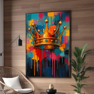 Art mural couronne aux couleurs vives, style graffiti urbain, tableau royal coloré, décoration pop art moderne, toile prête à accrocher