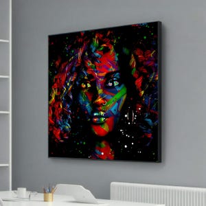 Lienzo con retrato abstracto vibrante: rostro de mujer psicodélico, decoración de pared moderna y colorida, acento artístico audaz para el hogar