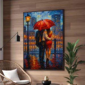 Romantic City Night Walk, Couple Under Red Umbrella Canvas, Impressionist Urban Scene, Evening Rainy Street Art Print, Modern Home Decor