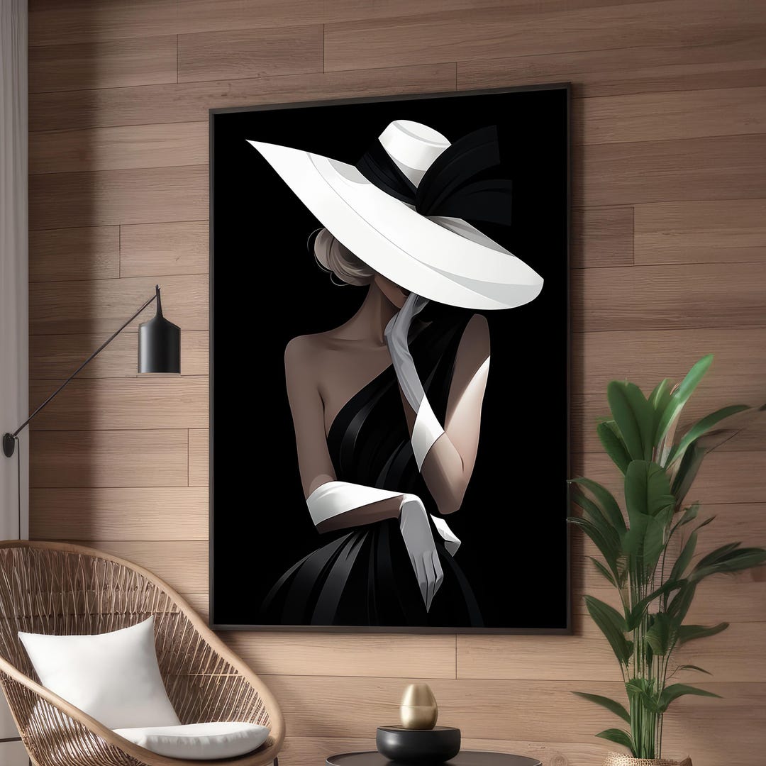 Chic Woman in Black Dress and Wide-brim Hat Canvas Art – Elegant ...