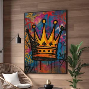 Art mural en toile avec couronne graffiti urbain, décoration street art audacieuse, toile couronne royale aux couleurs vives, décoration murale moderne, oeuvre d&#39;art prête à accrocher