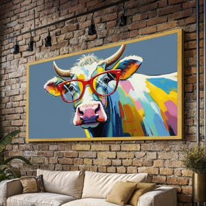 Bunte Kuh-Porträt-Leinwand, lustige Tierwand-Kunst, rote Gläser Malerei, wunderliche Bauernhaus-Dekoration, moderne Leinwand-Wand-Kunst für Haus