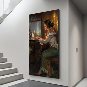 Lectura romántica de cartas a la luz de las velas: impresión en lienzo de mujer con vela: arte mural de realismo íntimo para una decoración acogedora del hogar
