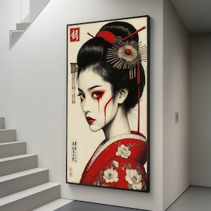 Elegant Geisha Portrait Canvas Wall Art, Red Kimono Floral Design, Japanese Traditional Style, Dramatic Face Paint Decoration, Ready to Hang