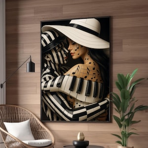 Quadro su tela "Musical Embrace", tasti del pianoforte in bianco e nero, pittura creativa sul corpo, tema musicale romantico, decorazione moderna per la casa